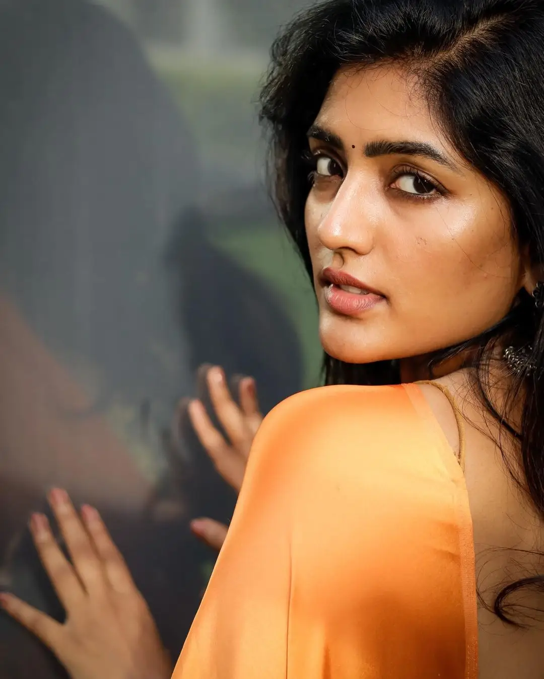 Eesha Rebba Charming Stills In Orange Saree Sleeveless Blouse